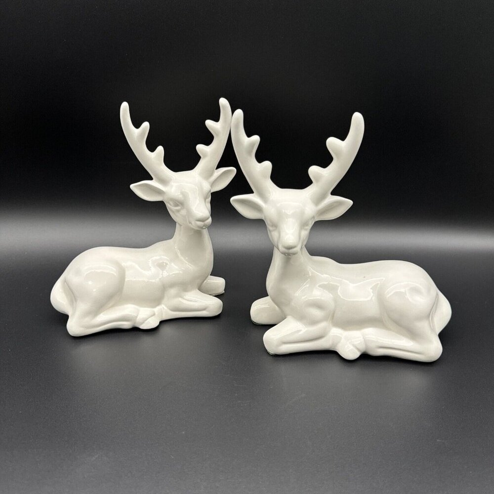 Vintage White Ceramic Christmas Deer Buck Laying Figurine